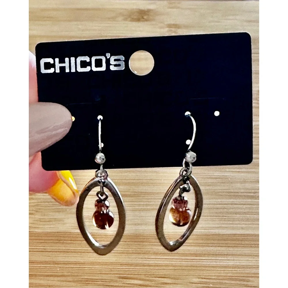 Chicos Lilybelle Silver Tone Oval Hoop Smoky Brown Beaded Drop Earrings NEW